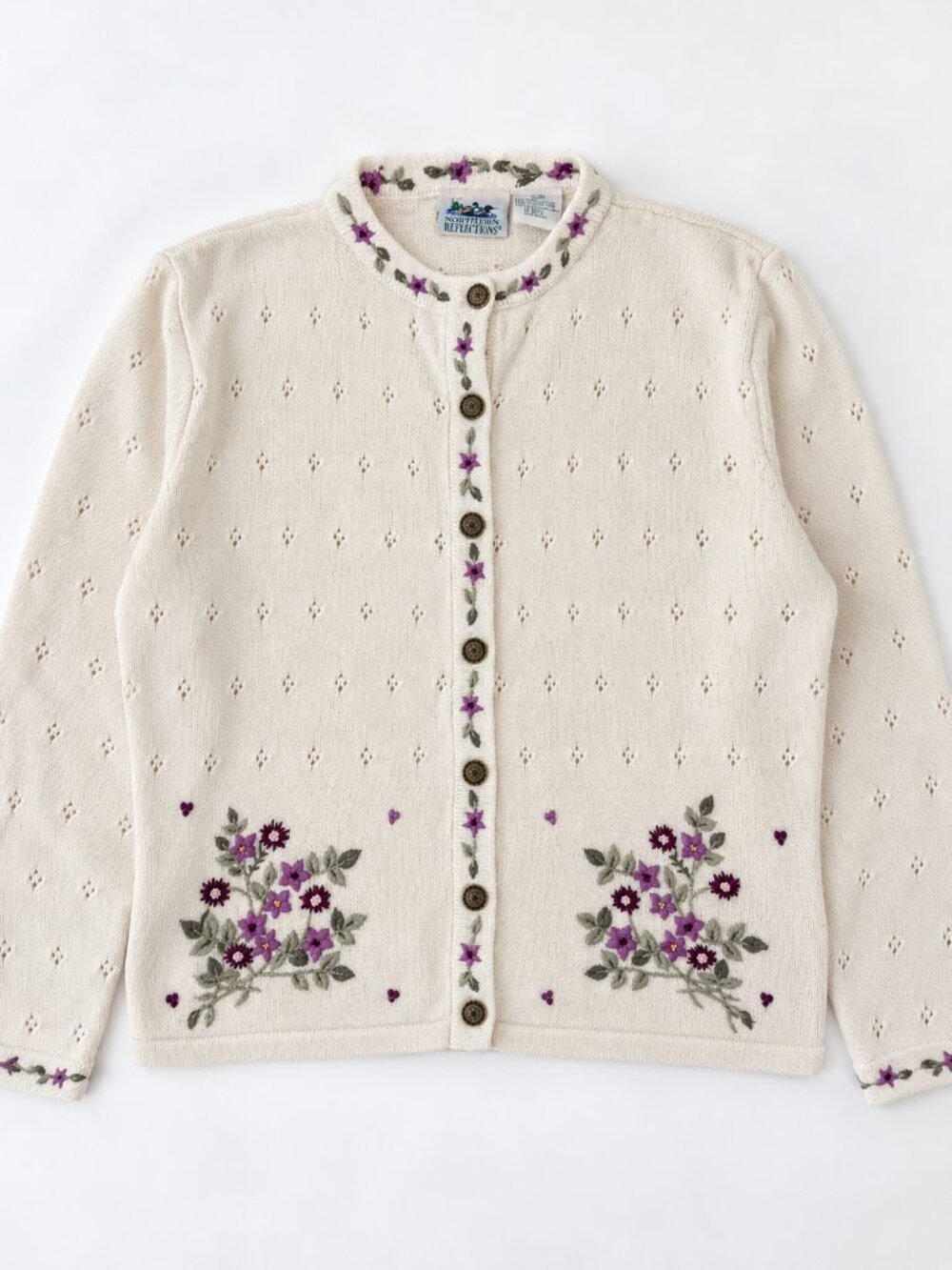 Vintage Northern Reflections Creamy Purple Floral Embroidered Knit Cardigan L